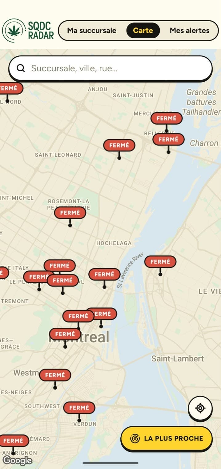 La carte des succursales dans l’app, centrée sur Montréal : chaque épingle porte son statut, pis le bouton « la plus proche » attend en bas de l’écran.