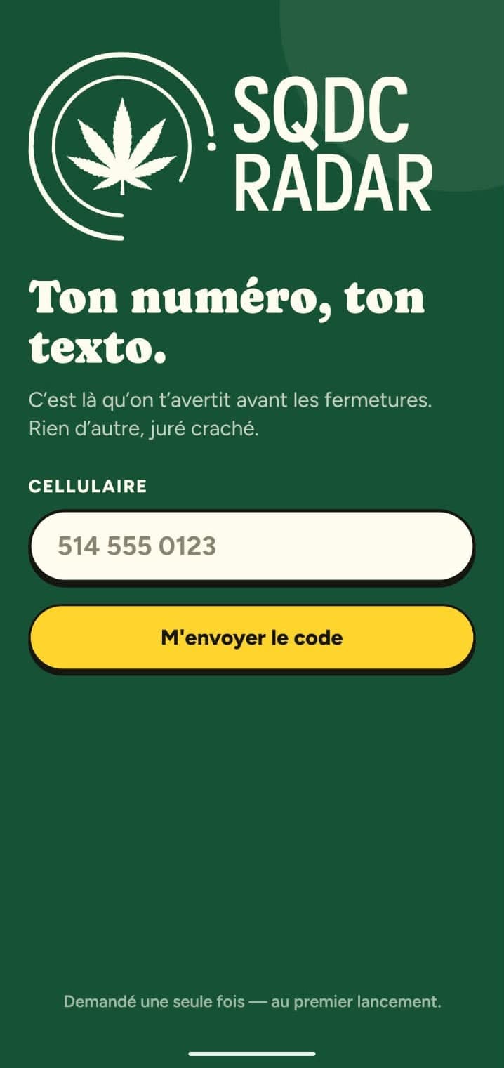 L’écran de connexion de l’app : un seul champ pour le numéro de cellulaire, suivi d’un code à six chiffres.